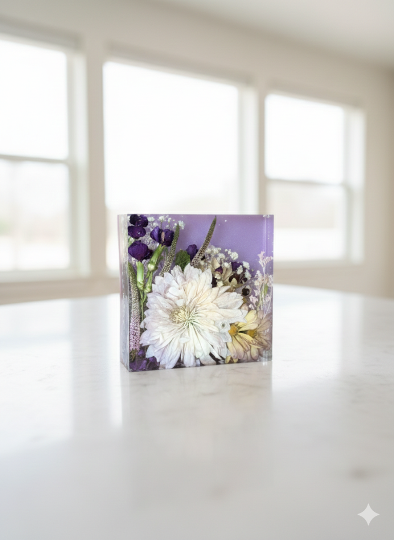 Wedding flower preservation in acrylic block with white and purple flowers on marble countertop