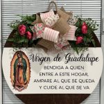 Virgin de Guadalupe decorative plaque with Spanish prayer text and floral accents