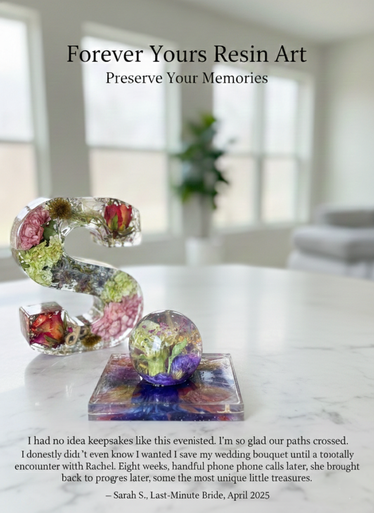 S-shaped resin letter and sphere paperweight filled with preserved wedding flowers including roses and purple blooms