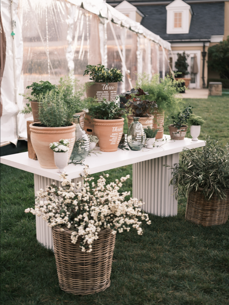 Rustic outdoor display table with terracotta pots, flowering plants, and decorative baskets