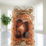 Glass jar filled with caramel popcorn tied with rustic twine bow