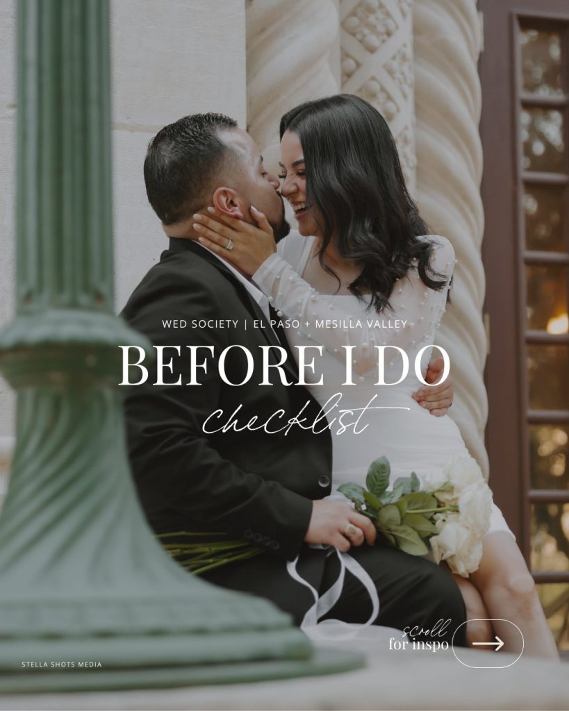 Couple kissing on wedding day with "Before I Do Checklist" text overlay by decorative stone column