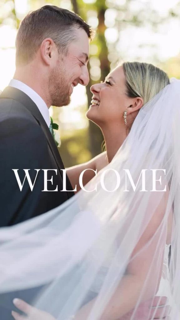 Bride and groom sharing an intimate moment outdoors with "WELCOME" text overlay