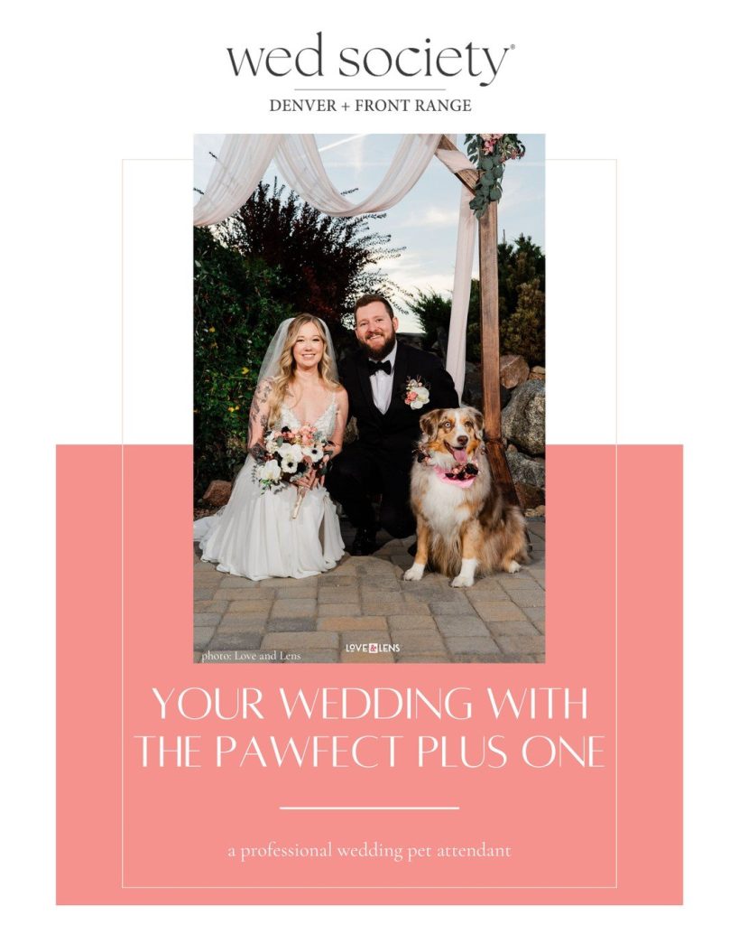 Wed Society promotional graphic featuring couple with Australian Shepherd at outdoor wedding ceremony