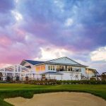 Luxury event venue in South Jersey featuring contemporary architecture and manicured grounds at sunset