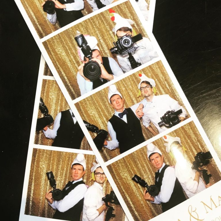 Close-up of photo booth strip from wedding with guests in formal attire