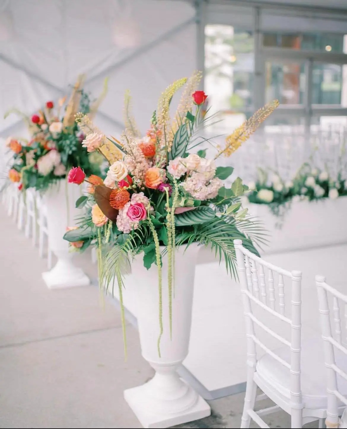 Colorful wedding ceremony arrangement with roses, pincushion proteas, and palm fronds in tall white urn beside chiavari chairs