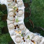 Aerial view of garden party table with decorative plates, amber glasses, and floral centerpieces on white tablecloth