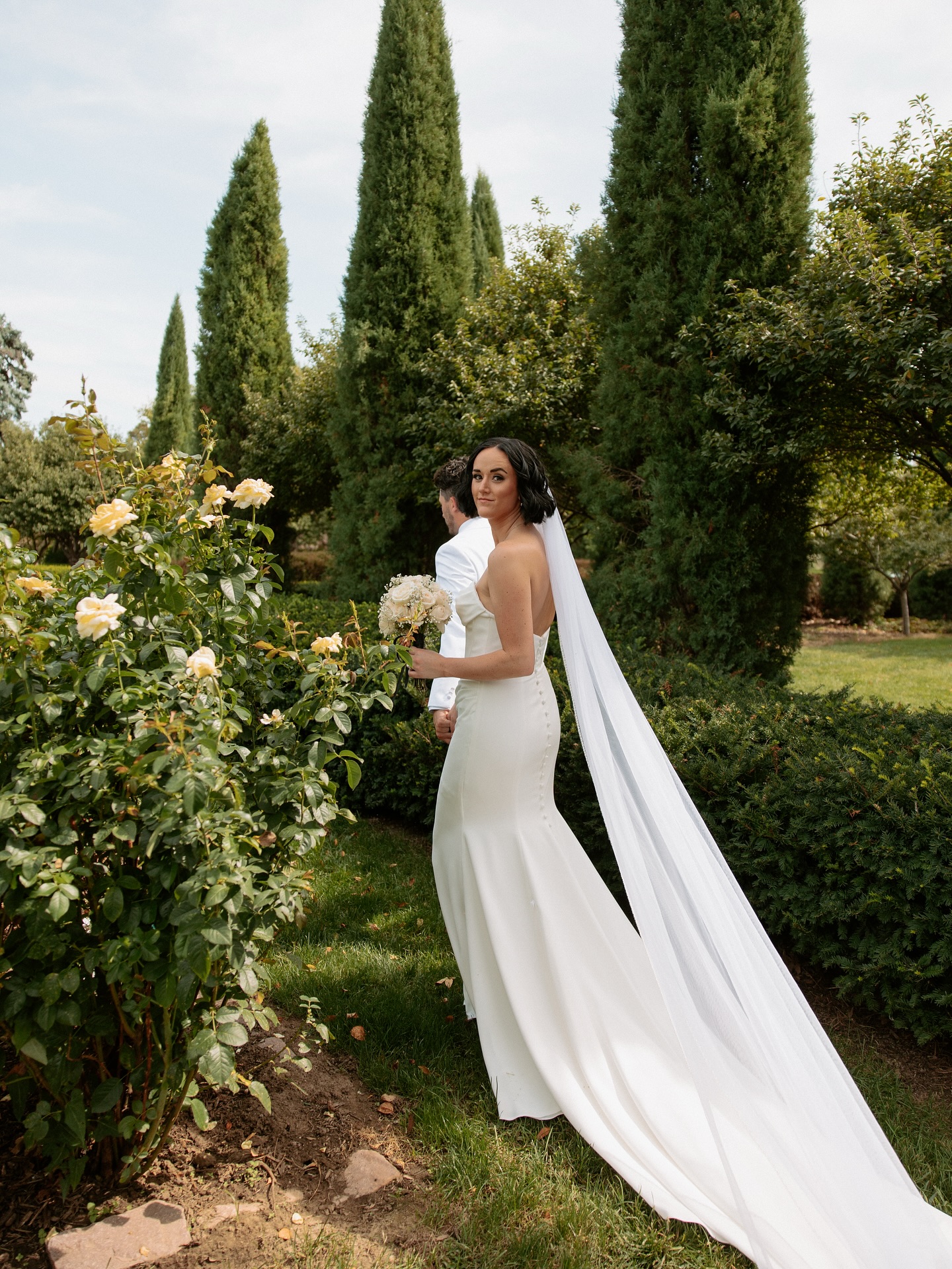 Bride and groom in garden with yellow rose bushes and tall cypress trees, her cathedral veil flowing behind