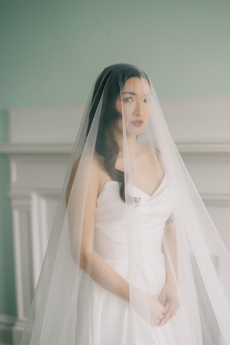 Bride in strapless wedding dress with cathedral-length veil in elegant indoor setting