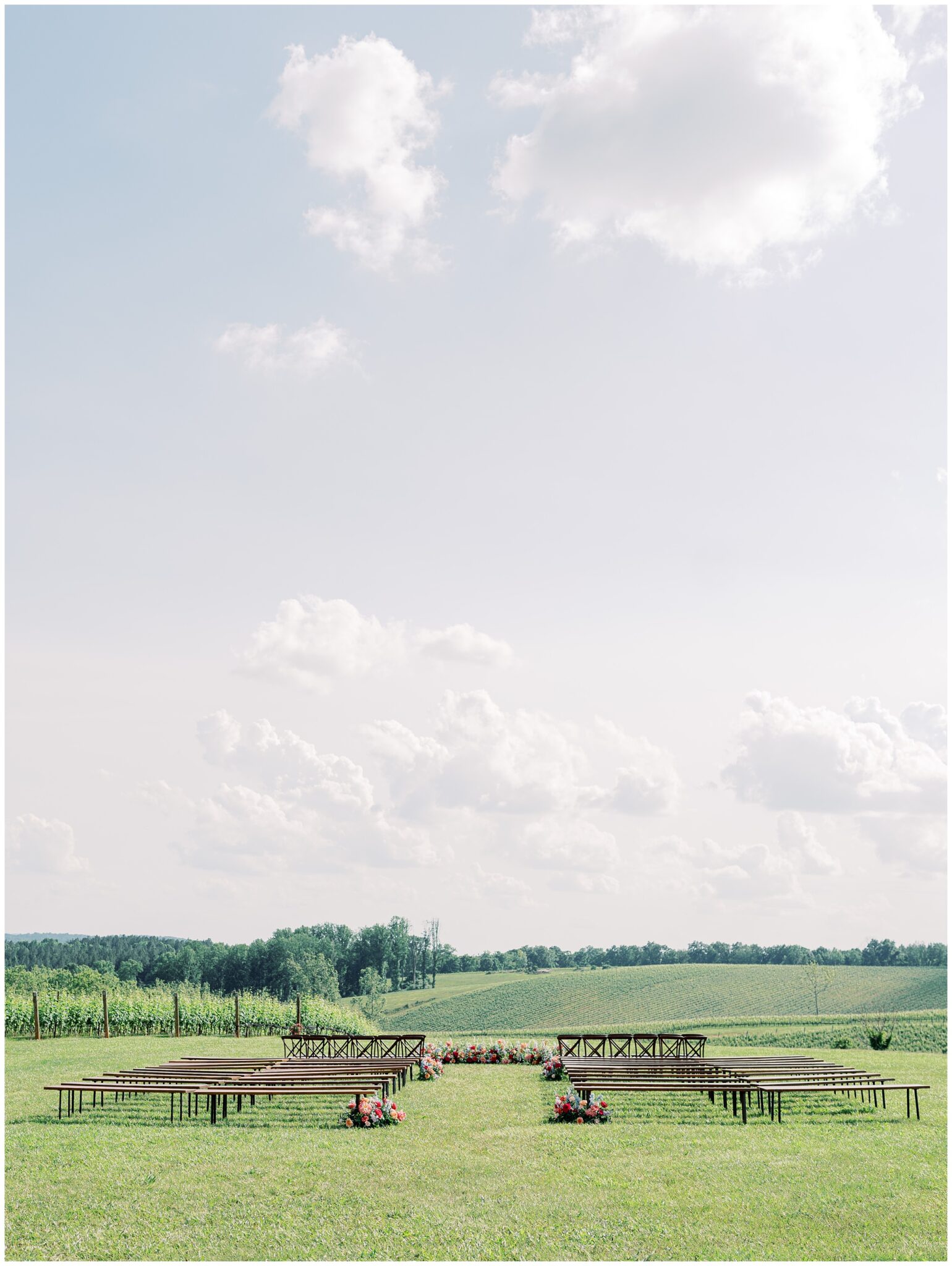 Wooden bench seating arranged in rows on a green lawn facing rolling vineyard fields under a cloudy sky