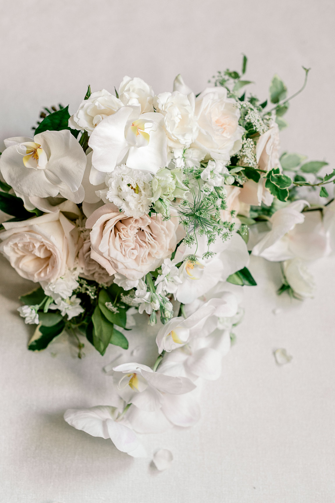 Wedding bouquet with white orchids, blush garden roses, and trailing greenery photographed from above