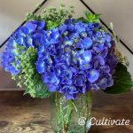 Blue hydrangea bouquet with white accent flowers in glass vase