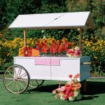 Spritz cart stationed on lawn with colorful drinks and floral decorations surrounded by yellow blooms and greenery