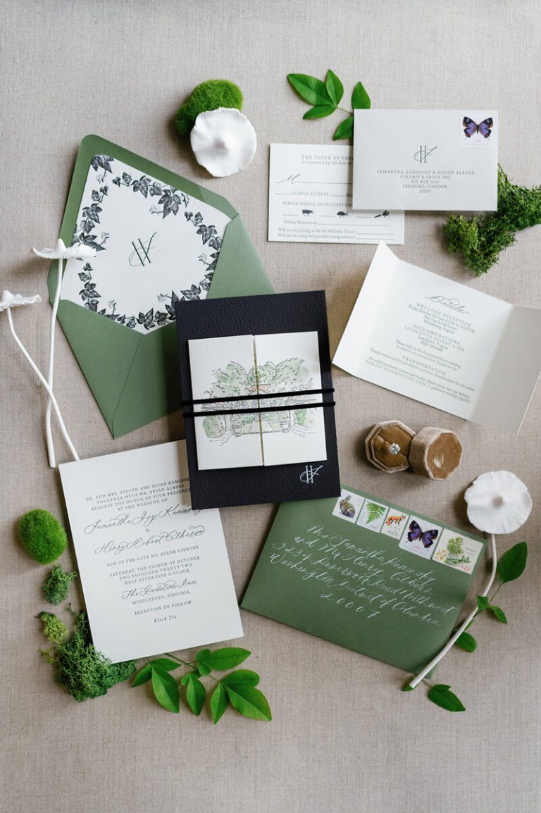 Elegant wedding invitation suite in green and navy with botanical details, calligraphy, and moss accents