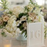 Neutral wedding centerpiece with ivory and blush roses, hydrangeas, greenery, and fabric-covered table 16 marker
