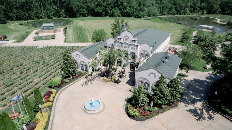 Aerial view of elegant estate wedding venue with white stucco buildings, fountain courtyard, vineyard rows, and pond