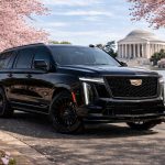 Black Cadillac Escalade SUV with Jefferson Memorial and cherry blossoms in background