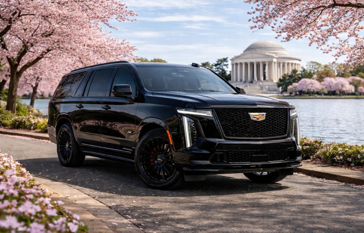 Black Cadillac Escalade SUV with Jefferson Memorial and cherry blossoms in background