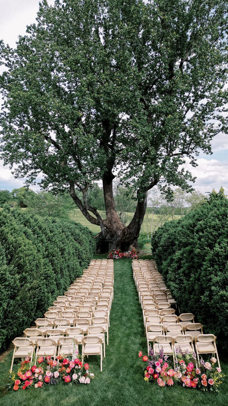Brick pathway lined with manicured hedges leading to large tree in formal garden