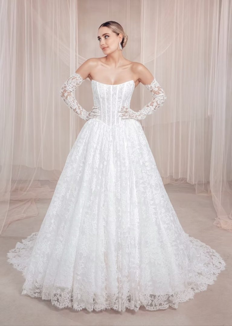Strapless corset ballgown with allover lace, detachable off-shoulder lace sleeves, and chapel train
