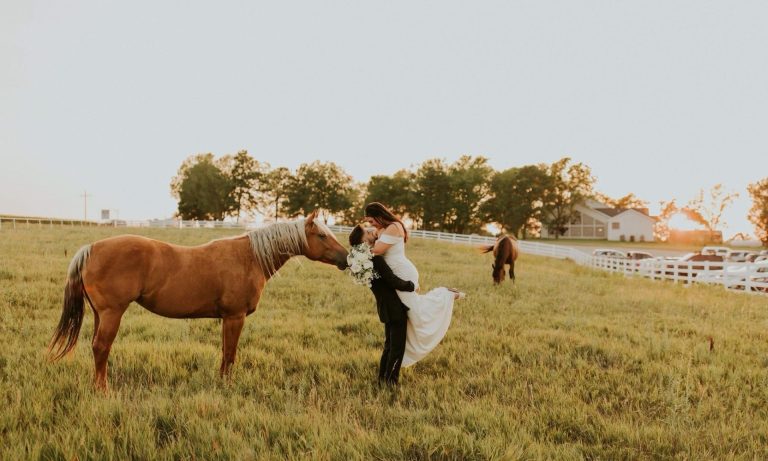 Newlyweds kissing beside horse at golden hour on ranch property with white fencing and barn