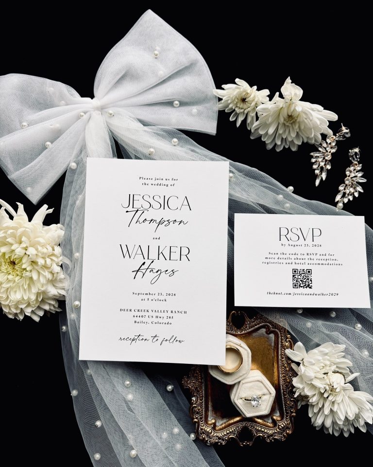 Modern wedding invitation and RSVP card styled with pearl veil, white flowers, and vintage ring box