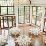 Overhead view of elegant wedding reception hall with round tables, white chairs, and large windows
