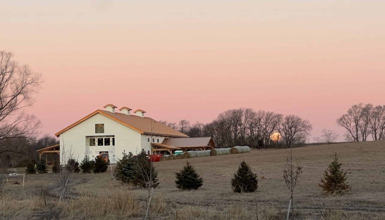 White barn wedding venue with three cupolas set on rural farmland at sunset with evergreen trees and bare winter trees in background