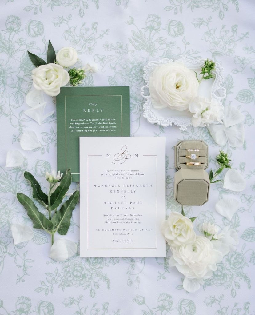 Wedding invitation suite with white florals, green RSVP card, and engagement ring in velvet box on botanical print backdrop