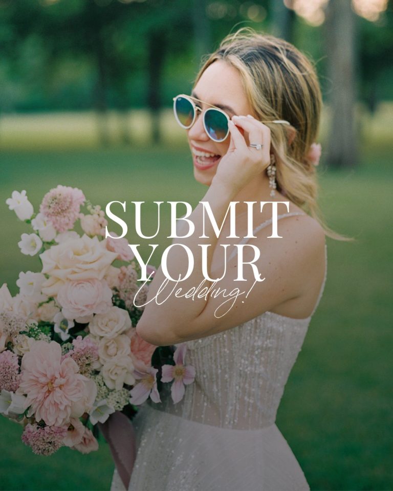 Smiling bride in embellished strapless gown and sunglasses holding blush and white bouquet outdoors