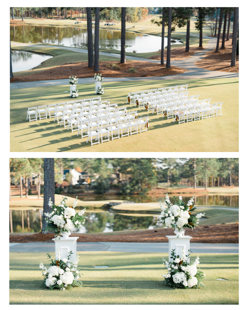 White folding chairs arranged for outdoor wedding ceremony on golf course beside lake with floral arrangements on pedestals