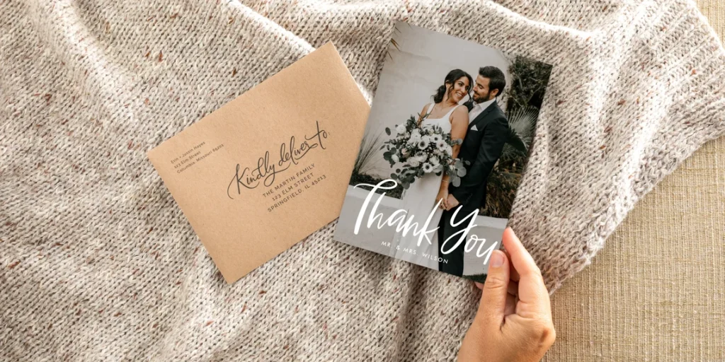 Hand holding wedding thank you card with couple's photo on textured neutral background