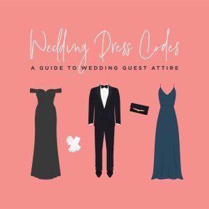Wedding dress codes guide showing formal attire options including black tie gowns and tuxedo
