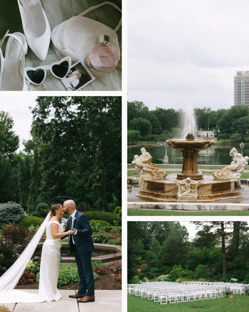 Botanical garden wedding collage featuring bride's accessories, ornate fountain, couple's portrait, and outdoor ceremony setup