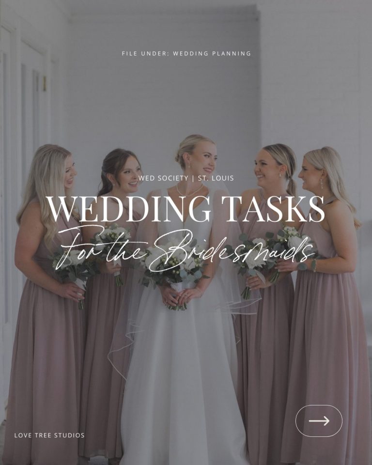 Bride and bridesmaids in taupe dresses holding bouquets before St. Louis wedding ceremony