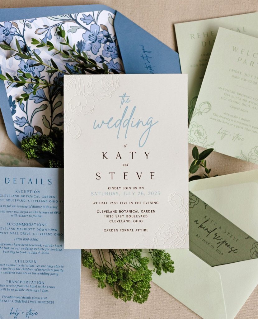 Katy and Steve's wedding invitation suite with blue floral patterns and botanical greenery accents