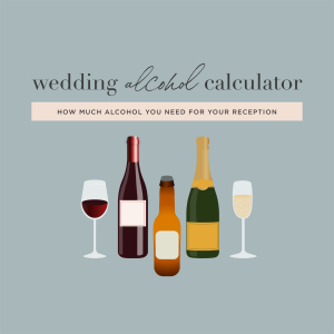 Wedding alcohol calculator featuring bottles of red wine, beer, champagne and filled glasses