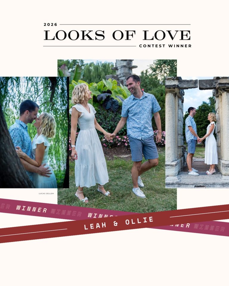 2026 Looks of Love Contest Winner announcement featuring three engagement photos of Leah and Ollie at a garden venue