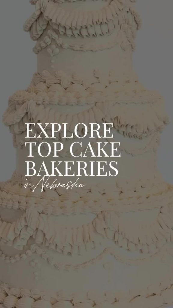 Textured white tiered wedding cake with ruffled buttercream detailing and text overlay promoting Nebraska cake bakeries