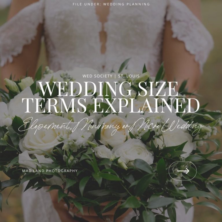 Bride holding lush white rose and greenery bouquet with wedding size terms overlay text