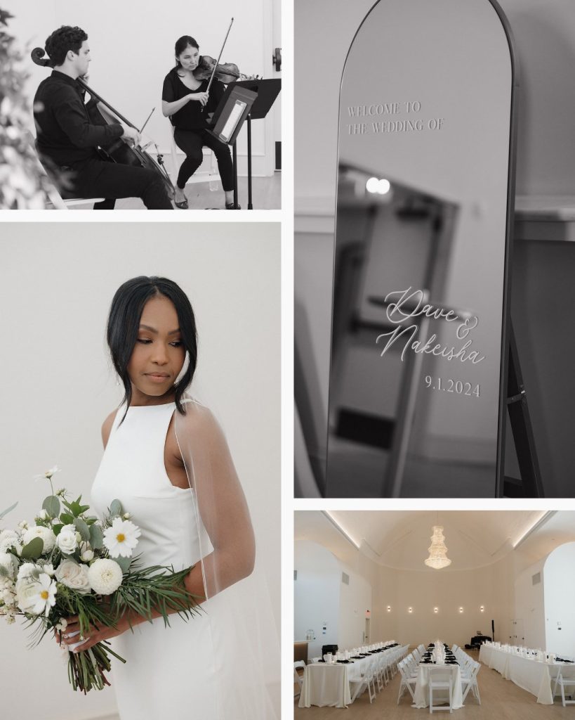 Wedding details collage featuring string musicians, bride with white bouquet, personalized welcome mirror, and minimalist reception space