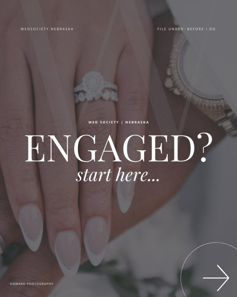 Close-up of hands wearing diamond engagement ring with "ENGAGED? start here..." text overlay
