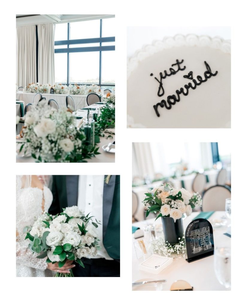 Wedding reception details including elegant tablescape, "just married" cake topper, white bouquet, and house-shaped table number