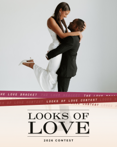 Groom lifts bride in joyful embrace against white studio backdrop for Looks of Love Contest