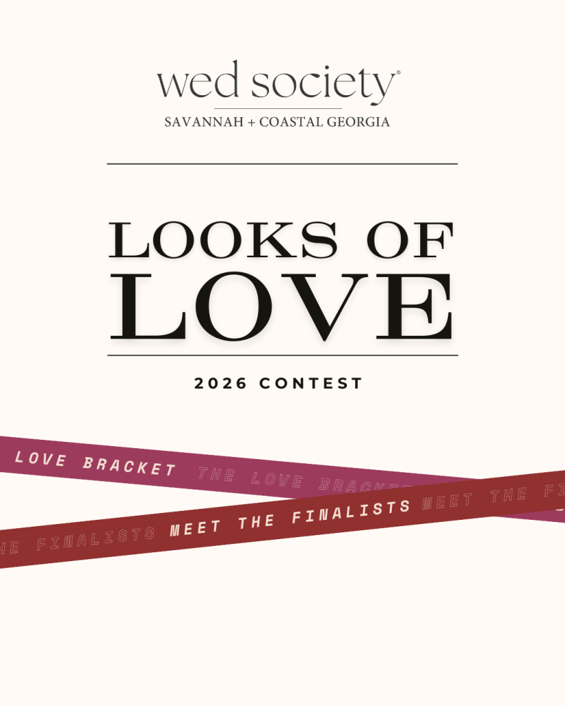 Wed Society Looks of Love 2026 Contest promotional banner with Love Bracket and Meet the Finalists ribbons