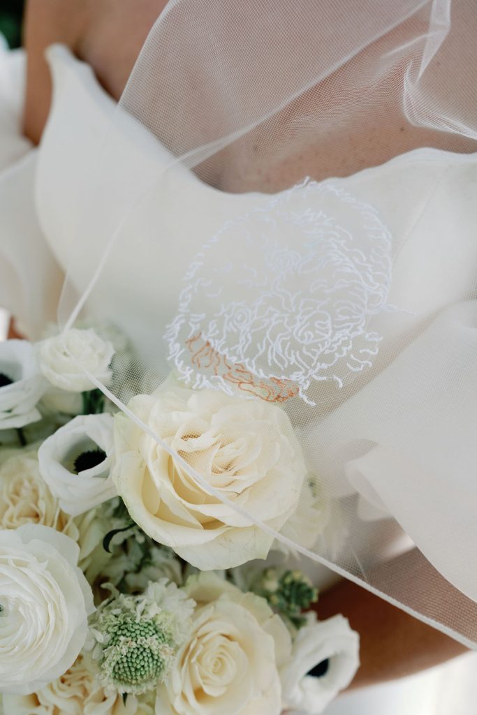 Close-up of bride's lace-embroidered veil draped over white and cream bridal bouquet