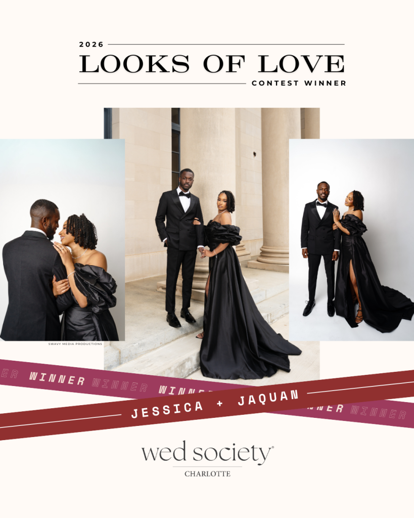 Jessica and Jaquan, dressed in sophisticated black attire, featured as 2026 Looks of Love Contest winners
