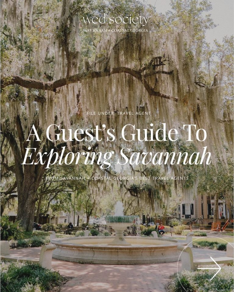 Historic Savannah square with Spanish moss-draped oak trees, fountain, and colorful buildings