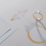 Engagement ring design sketches and drawings with ring sizer tool on white background